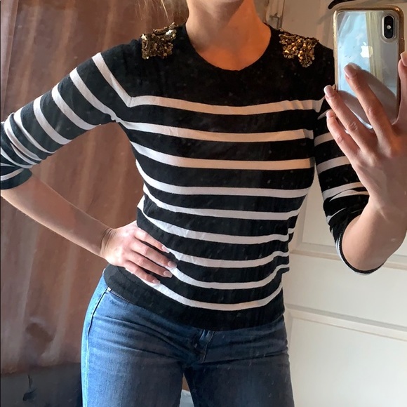 Gold Sequin Shoulder Striped Sweater - Picture 3 of 3